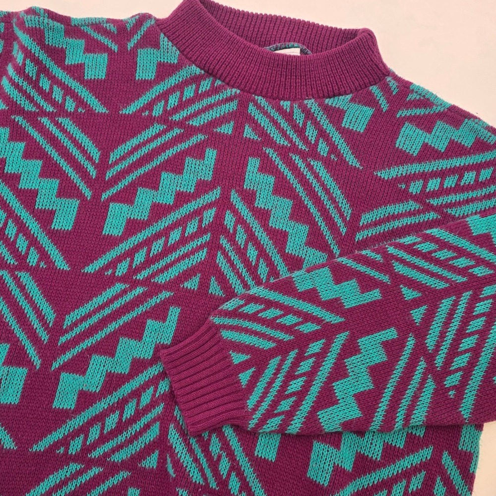 VINTAGE 80S GALAXIE SWEATER WOMENS XL TEAL PURPLE GEOMETRIC MOCK NECK USA KNIT